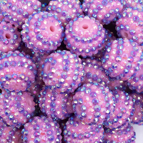close up view of a pile of 20mm Pink and Purple Striped Rhinestone AB Bubblegum Beads