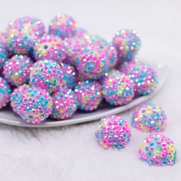 front view of a pile of 20mm Pink Confetti Rhinestone AB Bubblegum Beads