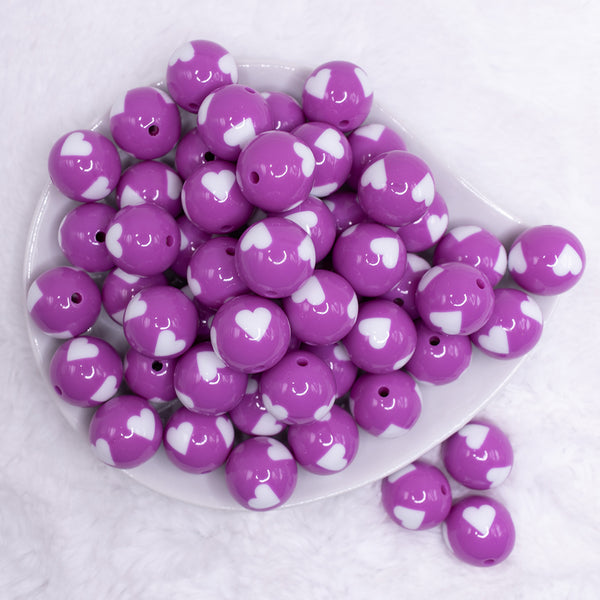 top view of a pile of 20mm Purple with White Hearts Bubblegum Beads