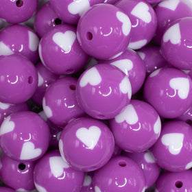20mm Purple with White Hearts Bubblegum Beads