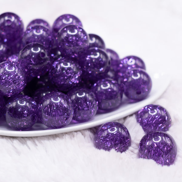 front view of a pile of 20mm Purple Glitter Tinsel Bubblegum Beads