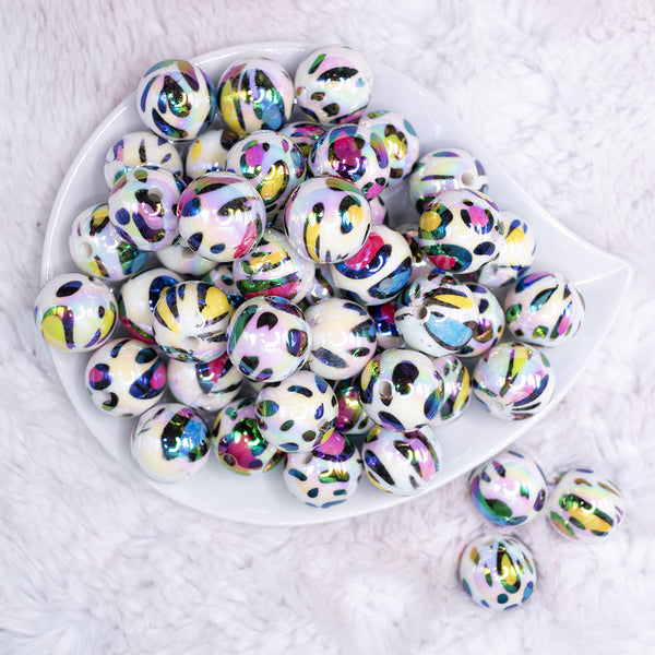 top view of a pile of 20mm Rainbow Leopard Animal AB Print Bubblegum Beads