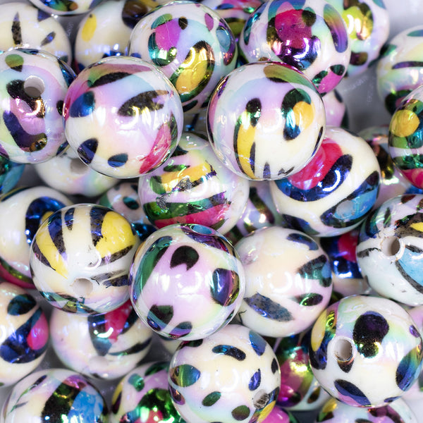 close up view of a pile of 20mm Rainbow Leopard Animal AB Print Bubblegum Beads