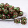 front view of a pile of 20mm Red and Green Confetti Rhinestone Bubblegum Beads