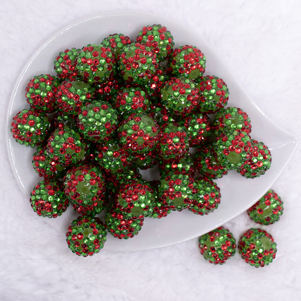 top view of a pile of 20mm Red and Green Confetti Rhinestone Bubblegum Beads