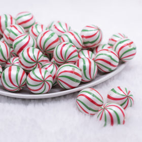 20mm Red and Green Peppermint Candy Print Bubblegum Beads