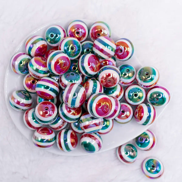 top view of a pile of 20mm Red and Green Stripes AB Bubblegum Beads