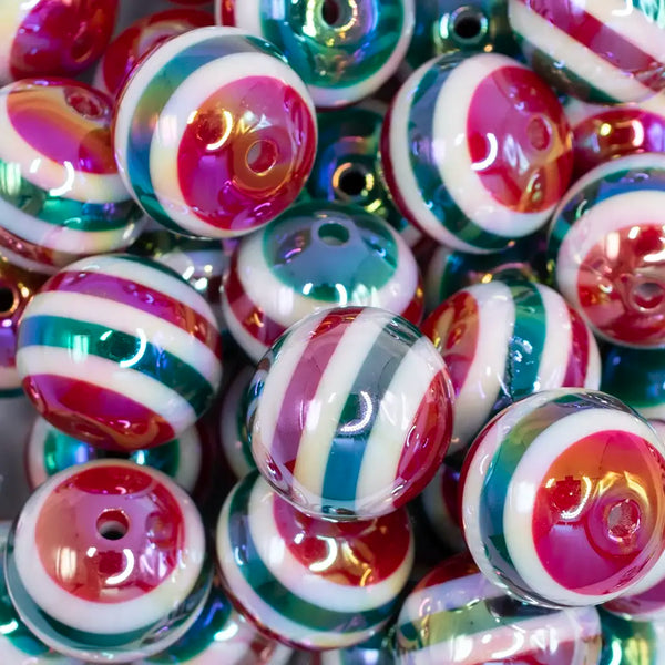 close up view of a pile of 20mm Red and Green Stripes AB Bubblegum Beads