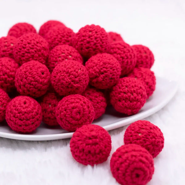 front view of a pile of 20mm Red Crochet wooden bead