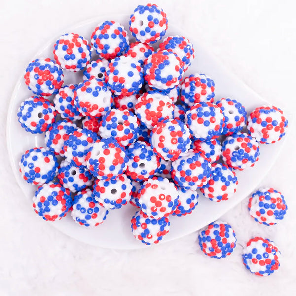 top view of a pile of 20mm Red, White and Blue Confetti Rhinestone Bubblegum Beads