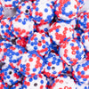 close up view of a pile of 20mm Red, White and Blue Confetti Rhinestone Bubblegum Beads