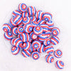 top view of a pile of 20mm Red, White and Blue Striped Rhinestone Bubblegum Beads