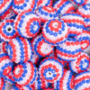 close up view of a pile of 20mm Red, White and Blue Striped Rhinestone Bubblegum Beads