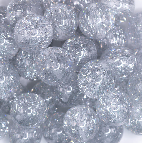 close up view of a pile of 20mm Silver Glitter Tinsel Bubblegum Beads