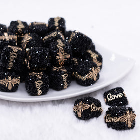20mm Black Square luxury bead with gold Bee and Love Accents