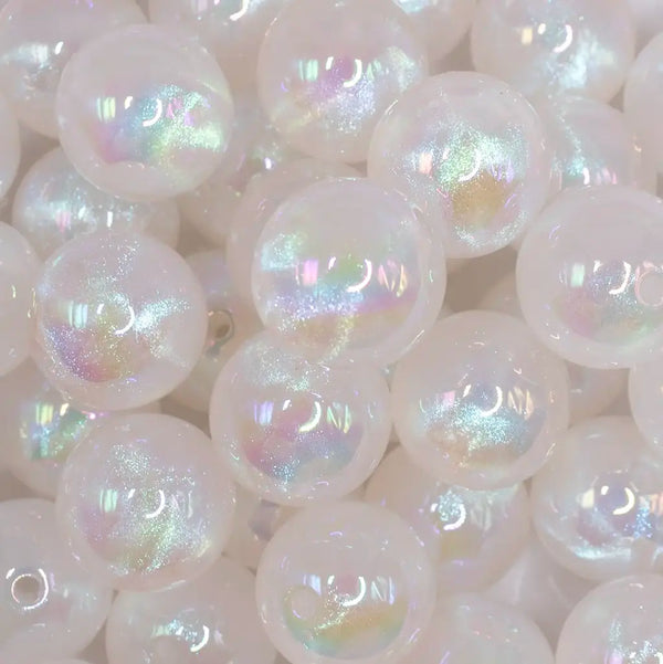 close up view of a pile of 20mm White Opalescence Bubblegum Bead