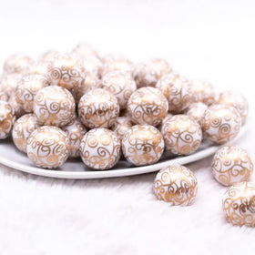 20mm White with Gold Filigree Printed Acrylic Bubblegum Beads