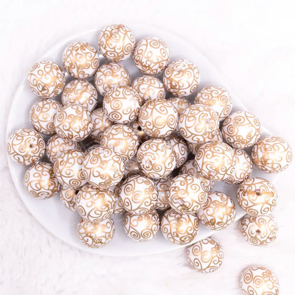 top view of a pile of 20mm White with Gold Filigree Printed Acrylic Bubblegum Beads