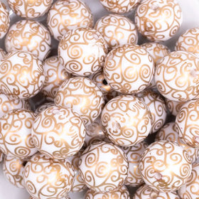 20mm White with Gold Filigree Printed Acrylic Bubblegum Beads