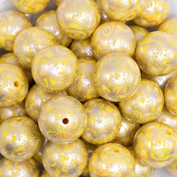close up view of a pile of 20mm Yellow Lace AB Bubblegum Beads