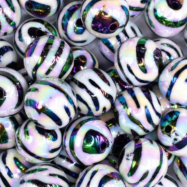 close up view of a pile of 20mm Zebra Animal AB Print Bubblegum Beads
