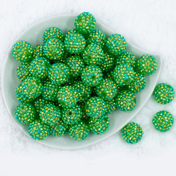top view of a pile of 20mm Green Rhinestone AB Bubblegum Beads