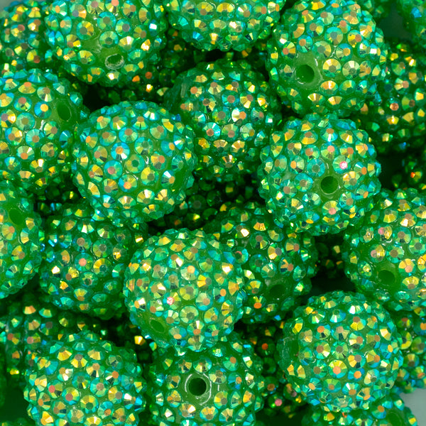 close up view of a pile of 20mm Green Rhinestone AB Bubblegum Beads