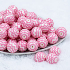 20mm Pink Chevron on a White Matte Chunky Acrylic Bubblegum Beads