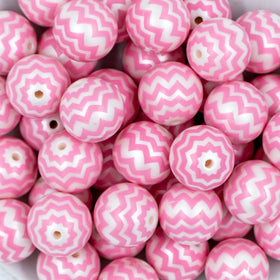 20mm Pink Chevron on a White Matte Chunky Acrylic Bubblegum Beads