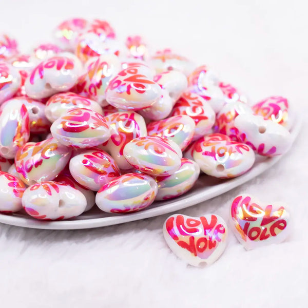 front view of a pile of 22mm I Love You Heart Shaped Acrylic Beads