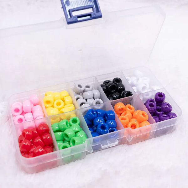 top view of a case set of mixed 6mm x 9mm Acrylic Pony Beads