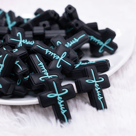 Black Cross with Teal writing Silicone Focal Bead Accessory