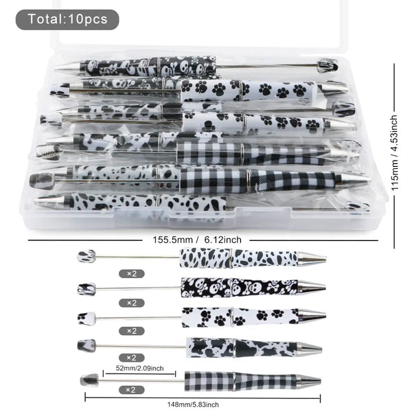 detailed view of a pile of Black and White Print Mixed Beadable Pen Kit - case included - 10 pieces