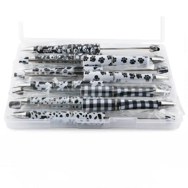 front view of a pile of Black and White Print Mixed Beadable Pen Kit - case included - 10 pieces