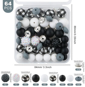 Black and White Silicone Variety Bead Pack - 64 Pieces