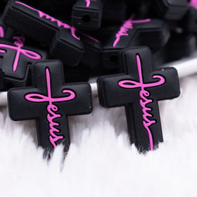 Black Cross with Pink writing Silicone Focal Bead Accessory