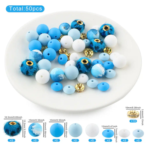 detailed view of a pile of Blue Animal Print Silicone Variety Bead Pack - 50 Pieces