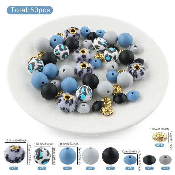 detailed view of a pile of Blue Animal Print Silicone Variety Bead Pack - 50 Pieces