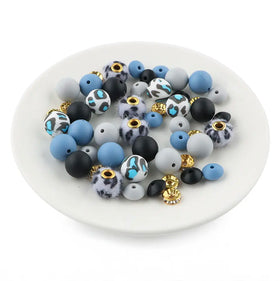 Blue Animal Print Silicone Variety Bead Pack - 50 Pieces