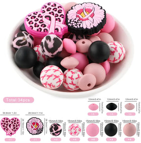 Breast Cancer Awareness Silicone Variety Bead Mix- 34 Pieces