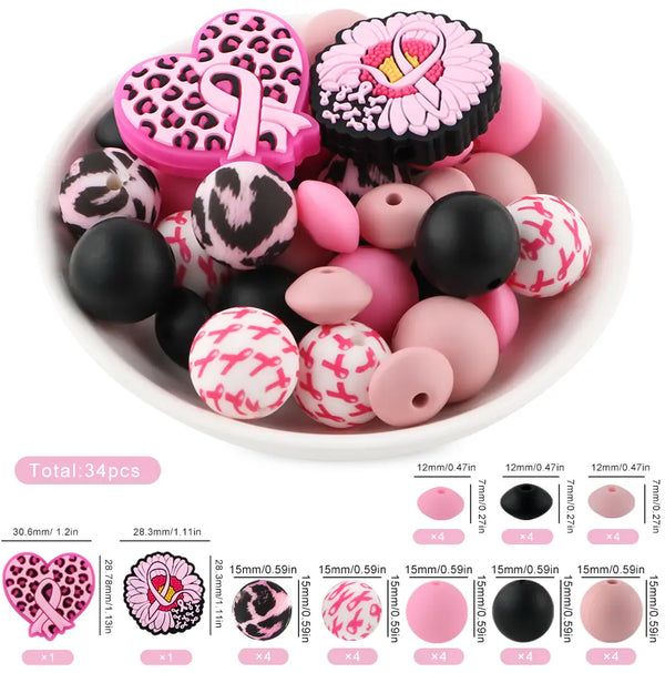 detailed view of a pile of Breast Cancer Awareness Silicone Variety Bead Mix- 34 Pieces