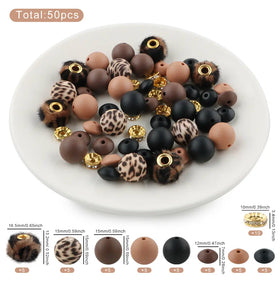 Brown Animal Print Silicone Variety Bead Pack - 50 Pieces