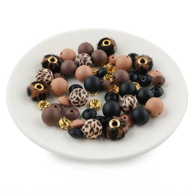 Brown Animal Print Silicone Variety Bead Pack - 50 Pieces