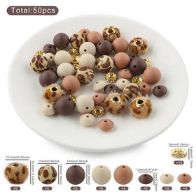 Brown Animal Print Silicone Variety Bead Pack - 50 Pieces