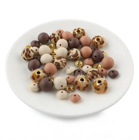 Brown Animal Print Silicone Variety Bead Pack - 50 Pieces