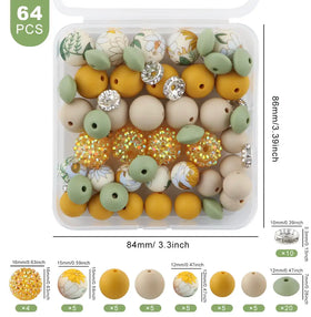 Floral Chic Print Silicone Variety Bead Pack with storage case- 64 Pieces