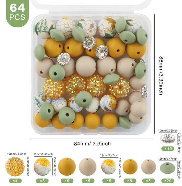 detailed view of a pile of Floral Chic Print Silicone Variety Bead Pack with storage case- 64 Pieces