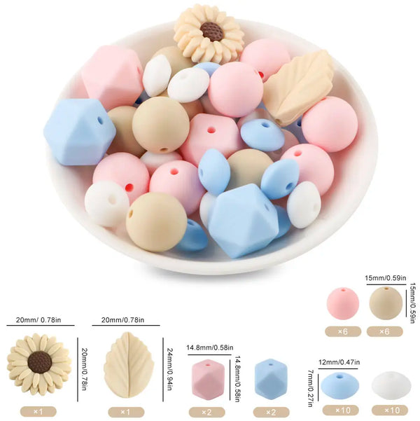 detailed view of a pile of Flower Silicone Variety Bead Pack- 39 Pieces