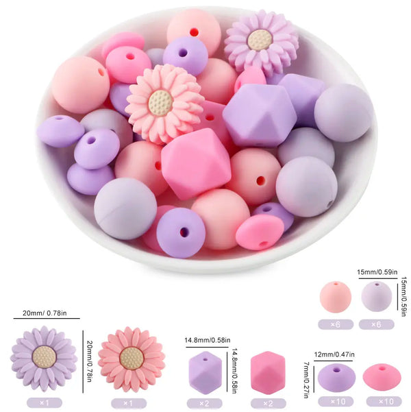 detailed view of a pile of Flower Silicone Variety Bead Pack- 39 Pieces