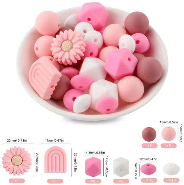 detailed view of a pile of Flower Silicone Variety Bead Pack- 39 Pieces